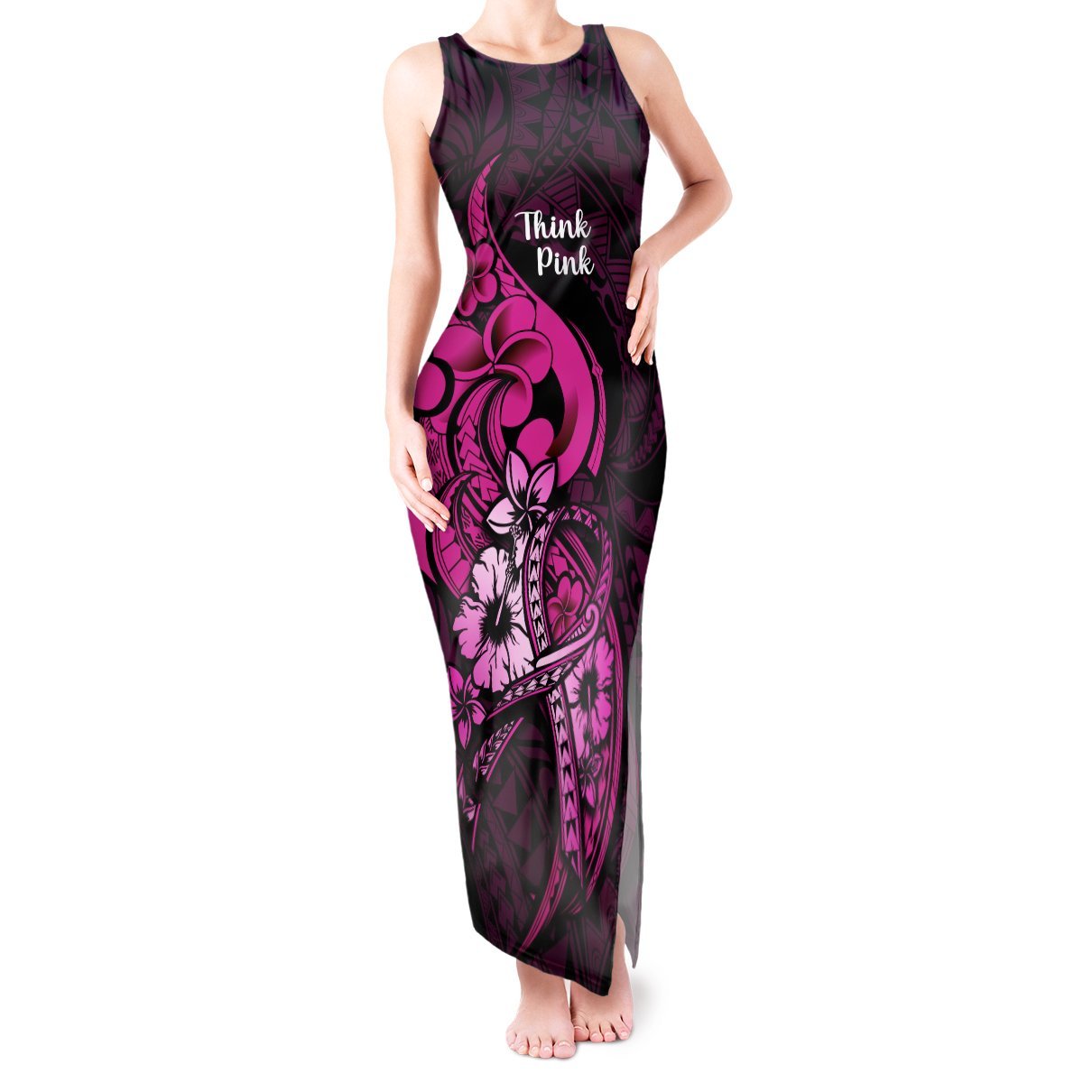 Personalised Polynesia Breast Cancer Awareness Tank Maxi Dress Think Pink Polynesian Ribbon Black Version LT14 Women Pink - Polynesian Pride