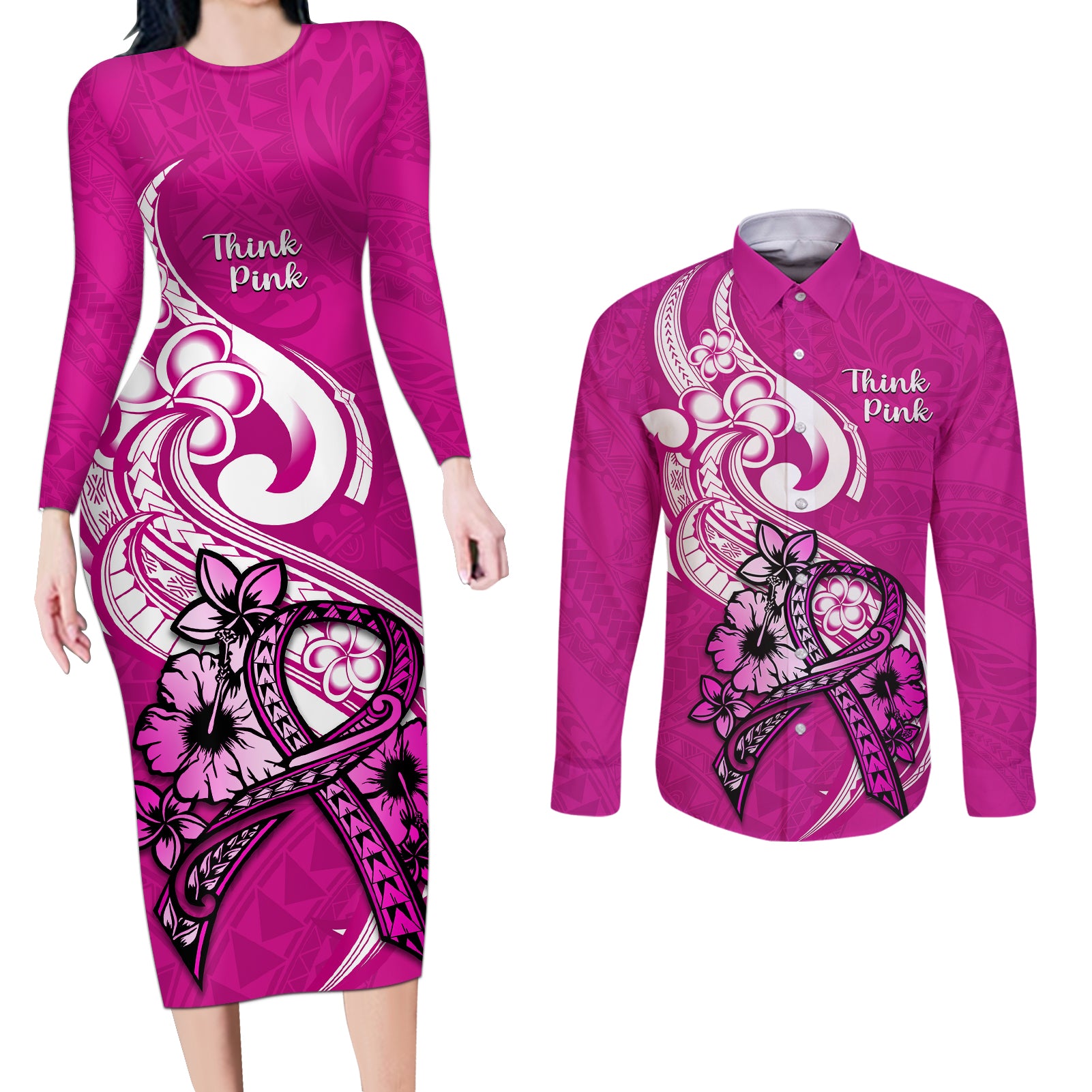 polynesia-breast-cancer-awareness-couples-matching-long-sleeve-bodycon-dress-and-long-sleeve-button-shirts-think-pink-polynesian-ribbon-white-version