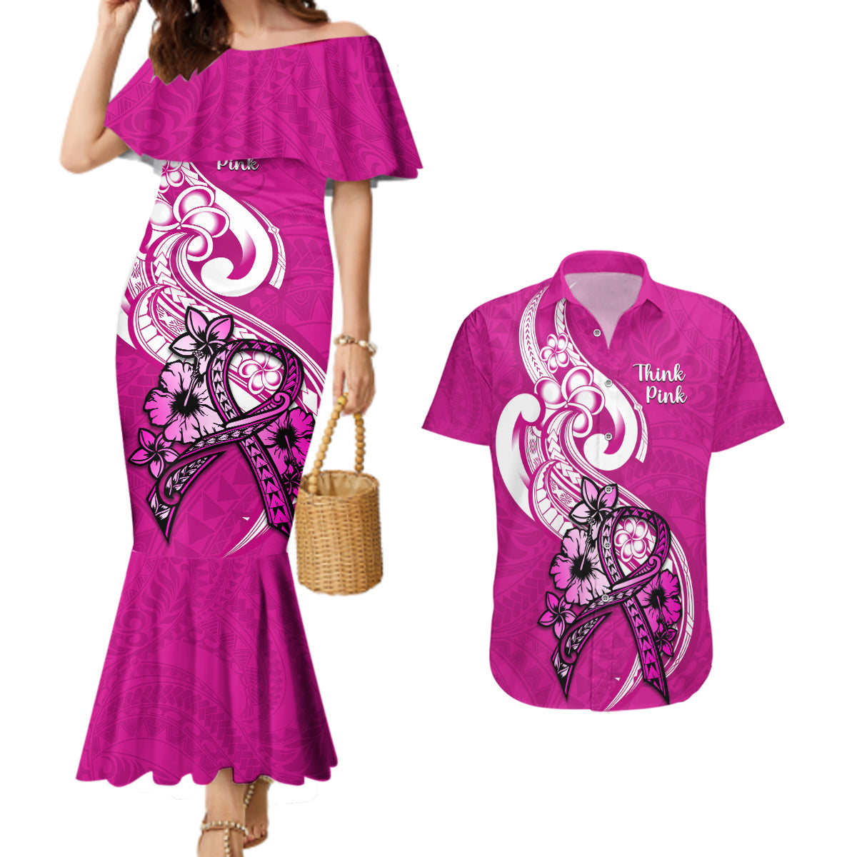 polynesia-breast-cancer-awareness-couples-matching-mermaid-dress-and-hawaiian-shirt-think-pink-polynesian-ribbon-white-version