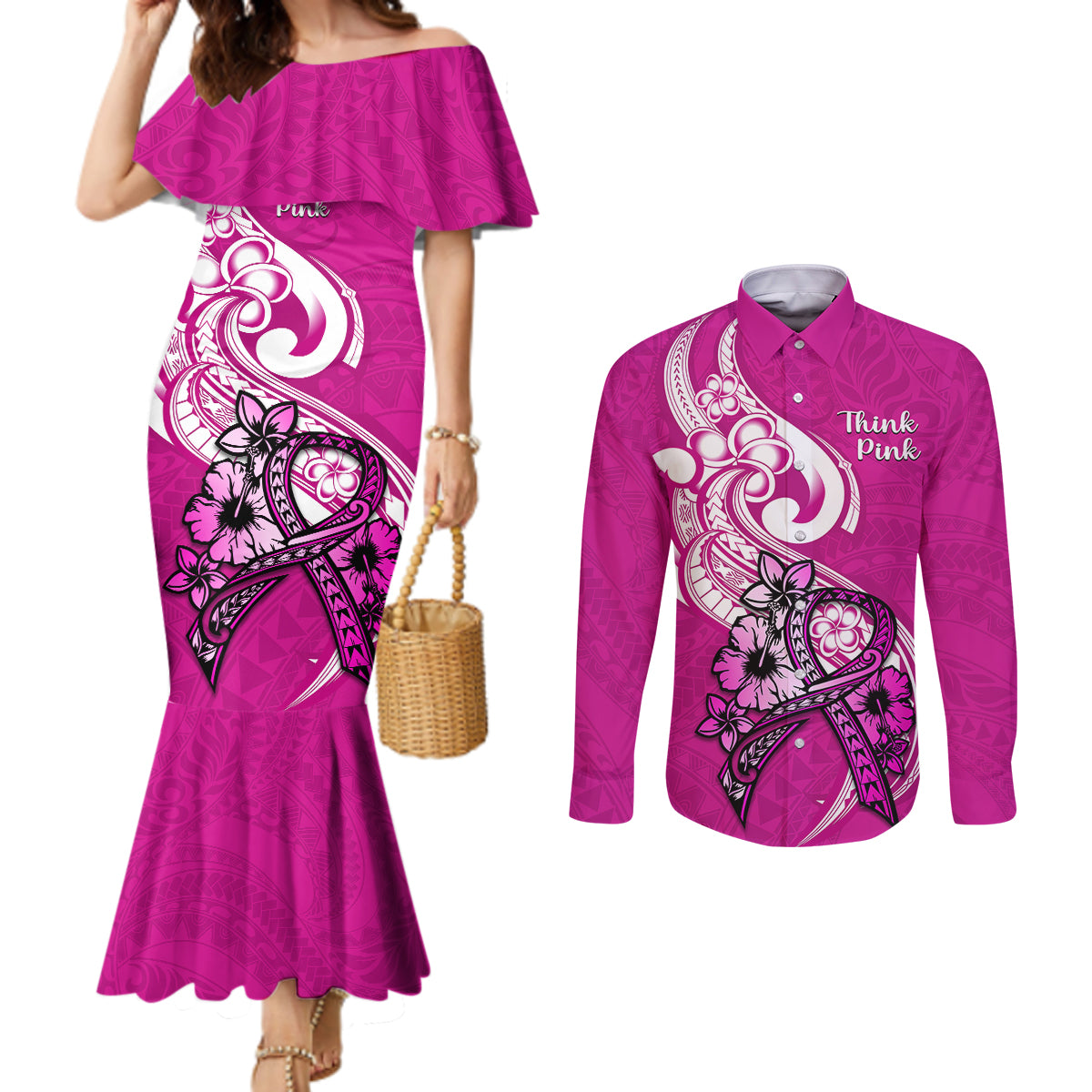 polynesia-breast-cancer-awareness-couples-matching-mermaid-dress-and-long-sleeve-button-shirts-think-pink-polynesian-ribbon-white-version