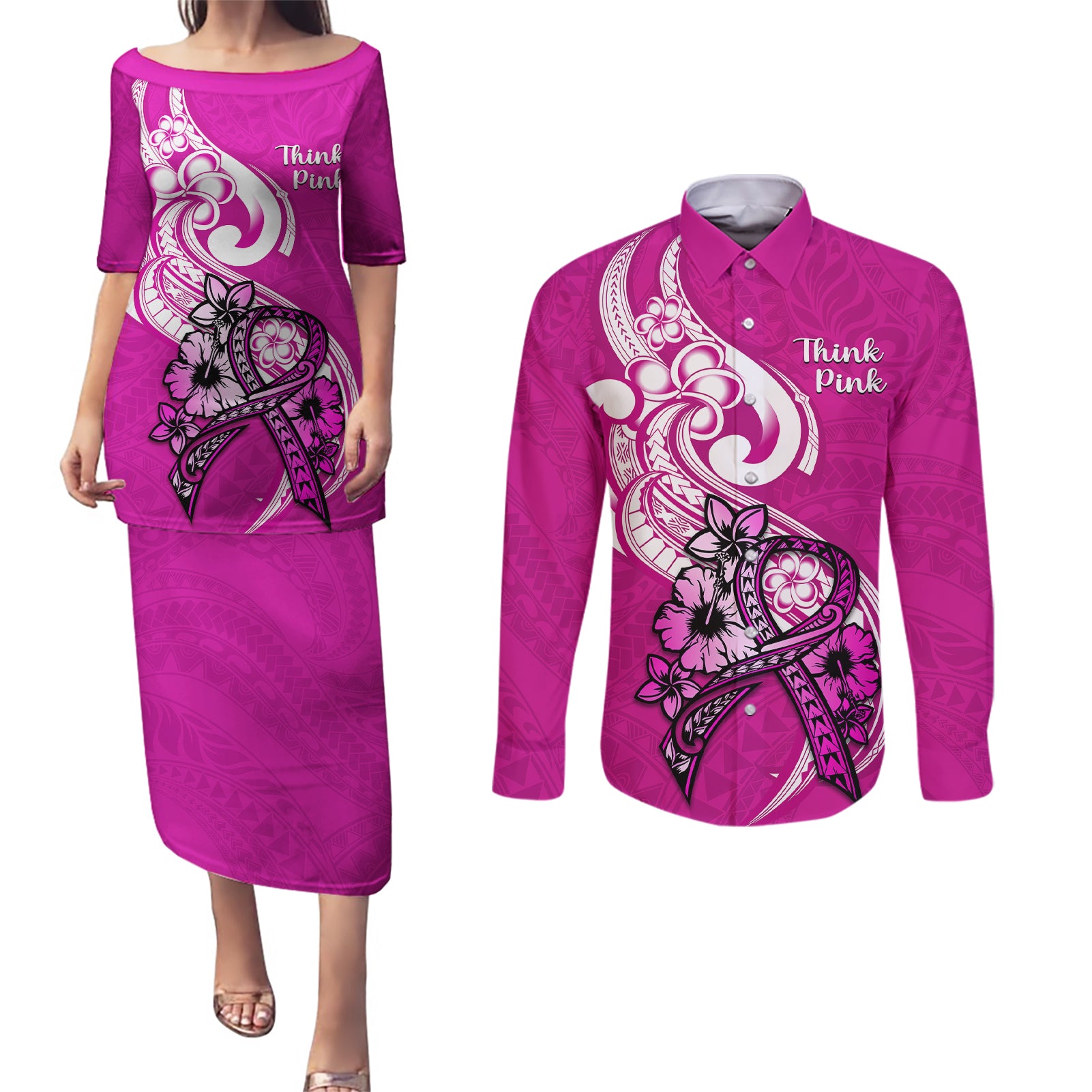 polynesia-breast-cancer-awareness-couples-matching-puletasi-dress-and-long-sleeve-button-shirts-think-pink-polynesian-ribbon-white-version