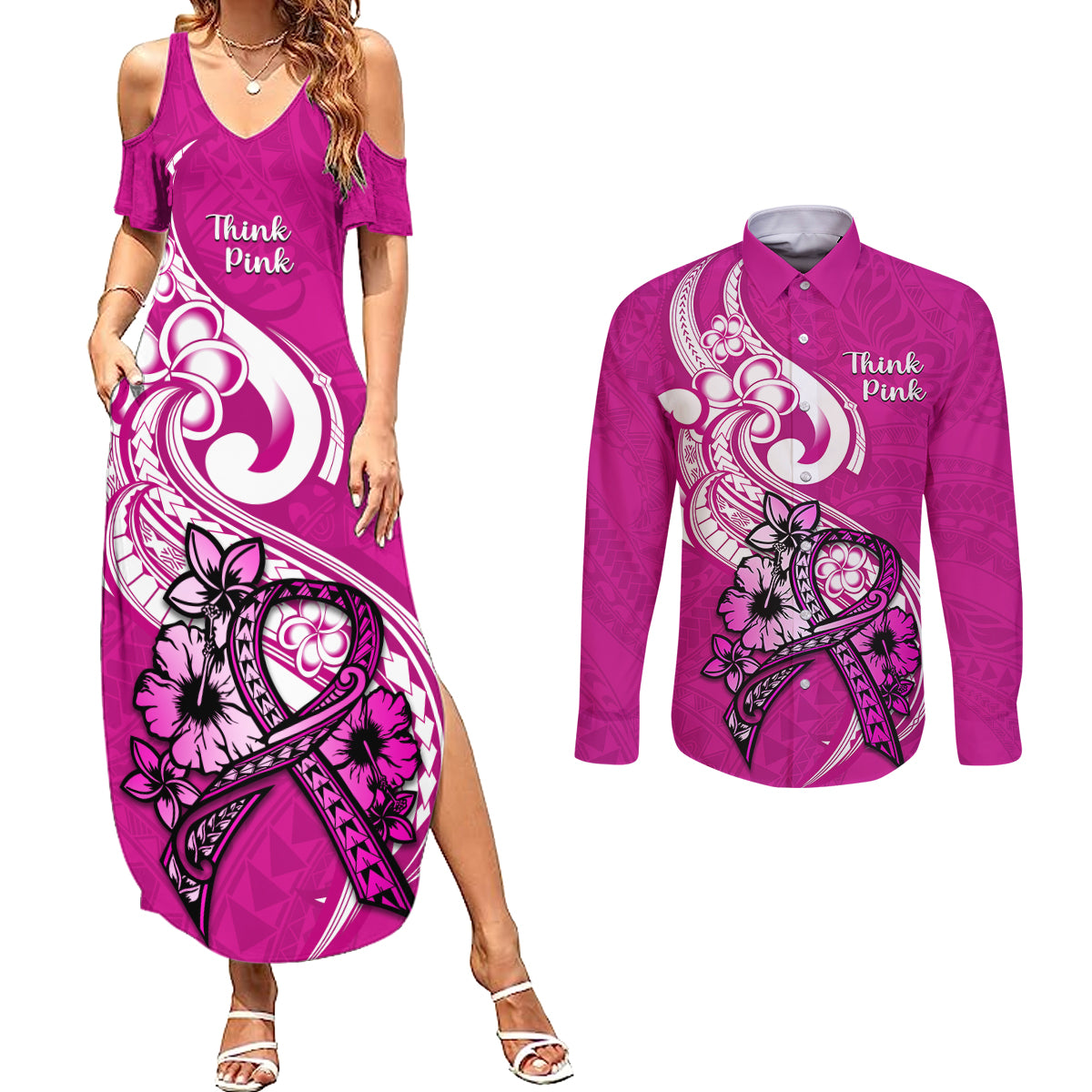 polynesia-breast-cancer-awareness-couples-matching-summer-maxi-dress-and-long-sleeve-button-shirts-think-pink-polynesian-ribbon-white-version