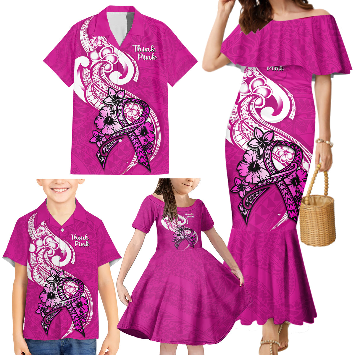 polynesia-breast-cancer-awareness-family-matching-mermaid-dress-and-hawaiian-shirt-think-pink-polynesian-ribbon-white-version