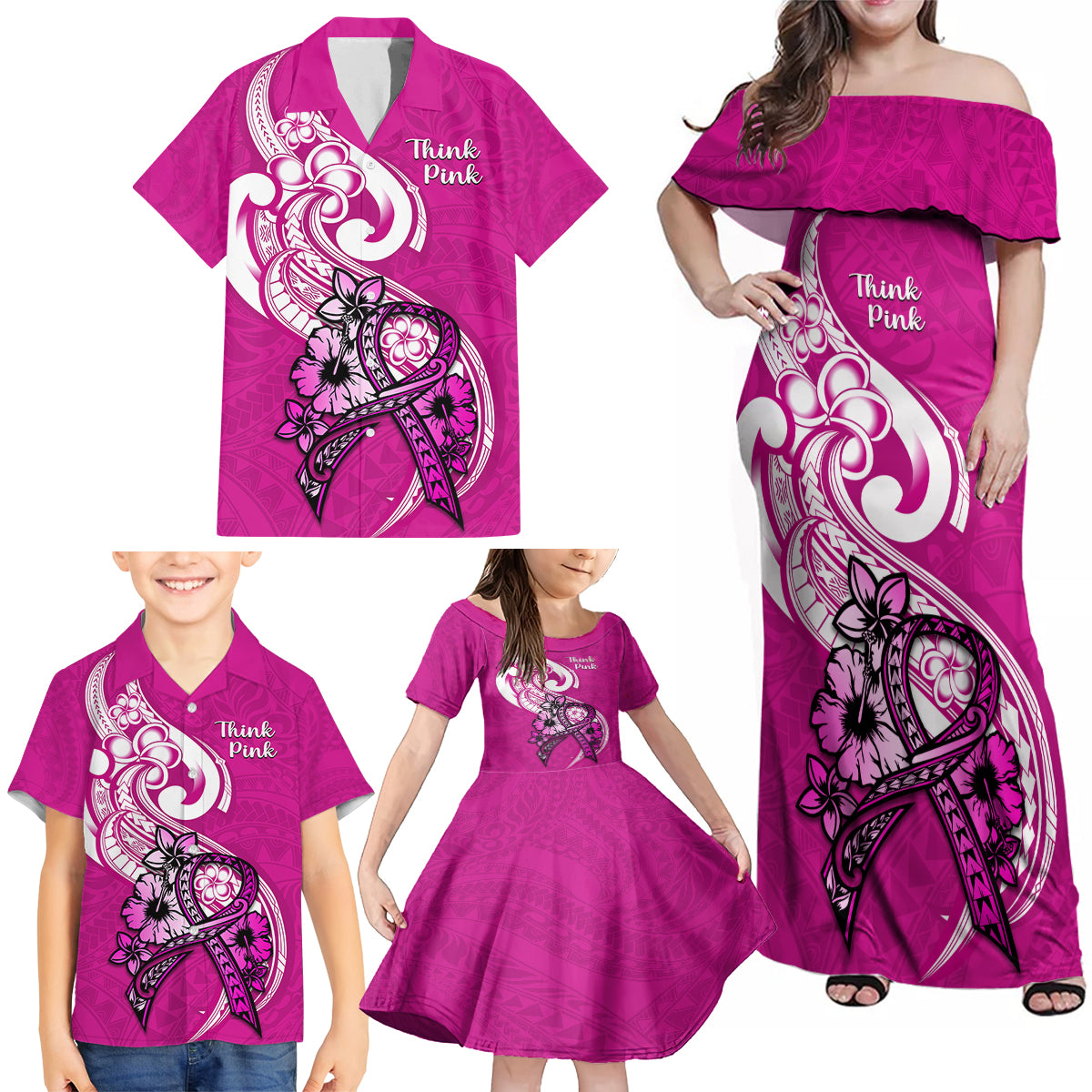 polynesia-breast-cancer-awareness-family-matching-off-shoulder-maxi-dress-and-hawaiian-shirt-think-pink-polynesian-ribbon-white-version