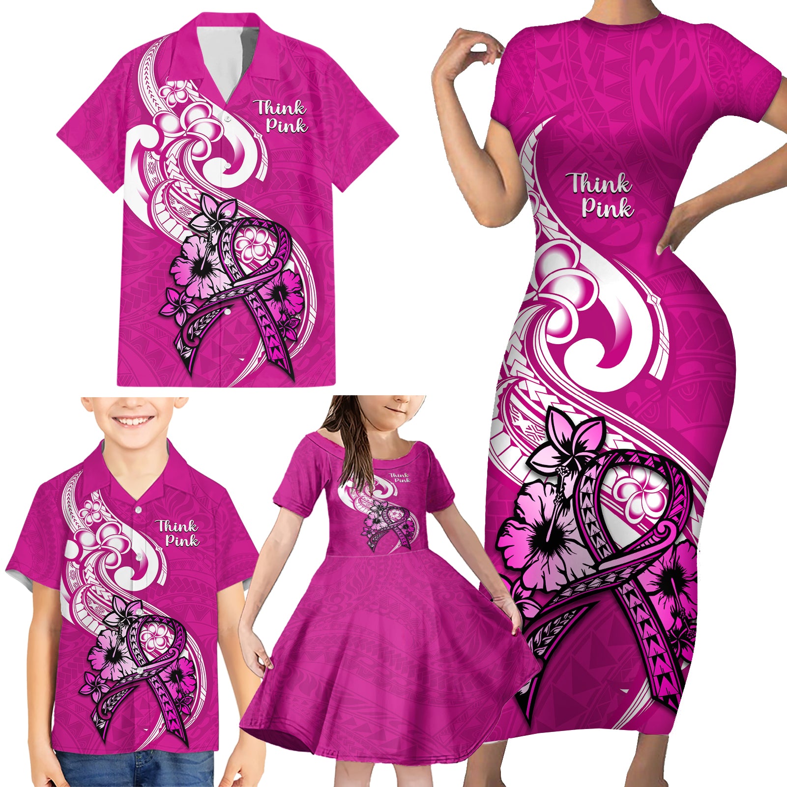 polynesia-breast-cancer-awareness-family-matching-short-sleeve-bodycon-dress-and-hawaiian-shirt-think-pink-polynesian-ribbon-white-version