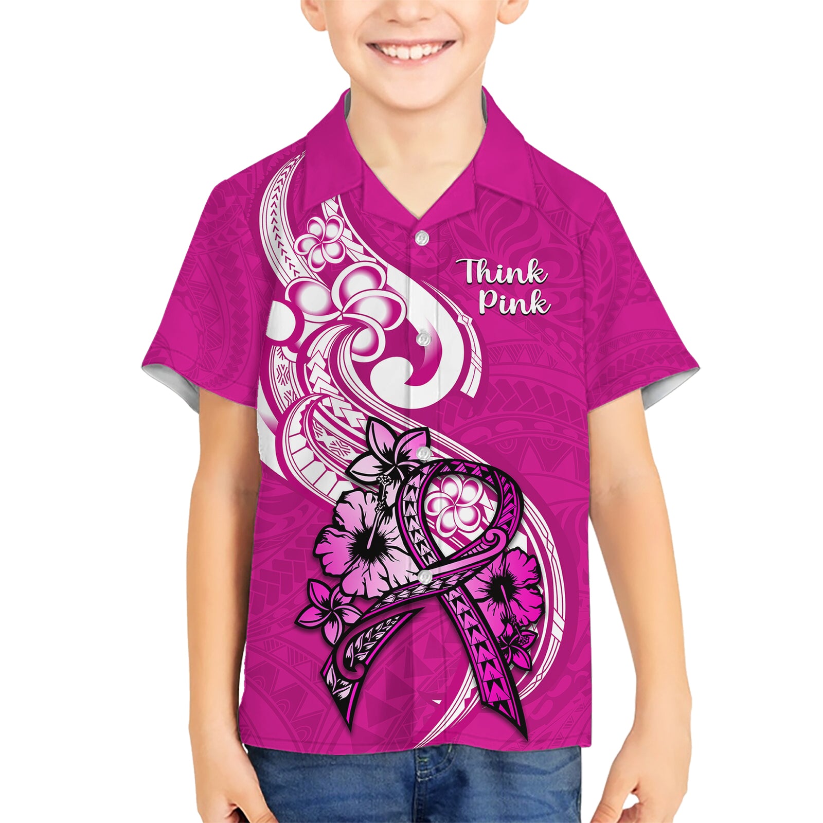 Polynesia Breast Cancer Awareness Kid Hawaiian Shirt Think Pink Polynesian Ribbon White Version LT14 Kid Pink - Polynesian Pride