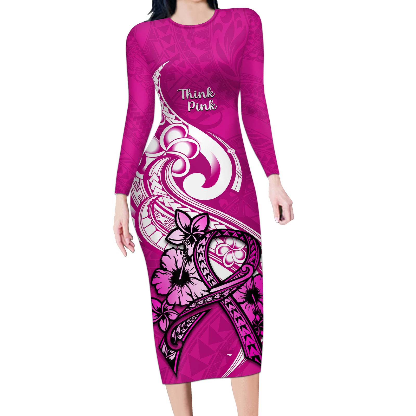 Polynesia Breast Cancer Awareness Long Sleeve Bodycon Dress Think Pink Polynesian Ribbon White Version LT14 Long Dress Pink - Polynesian Pride