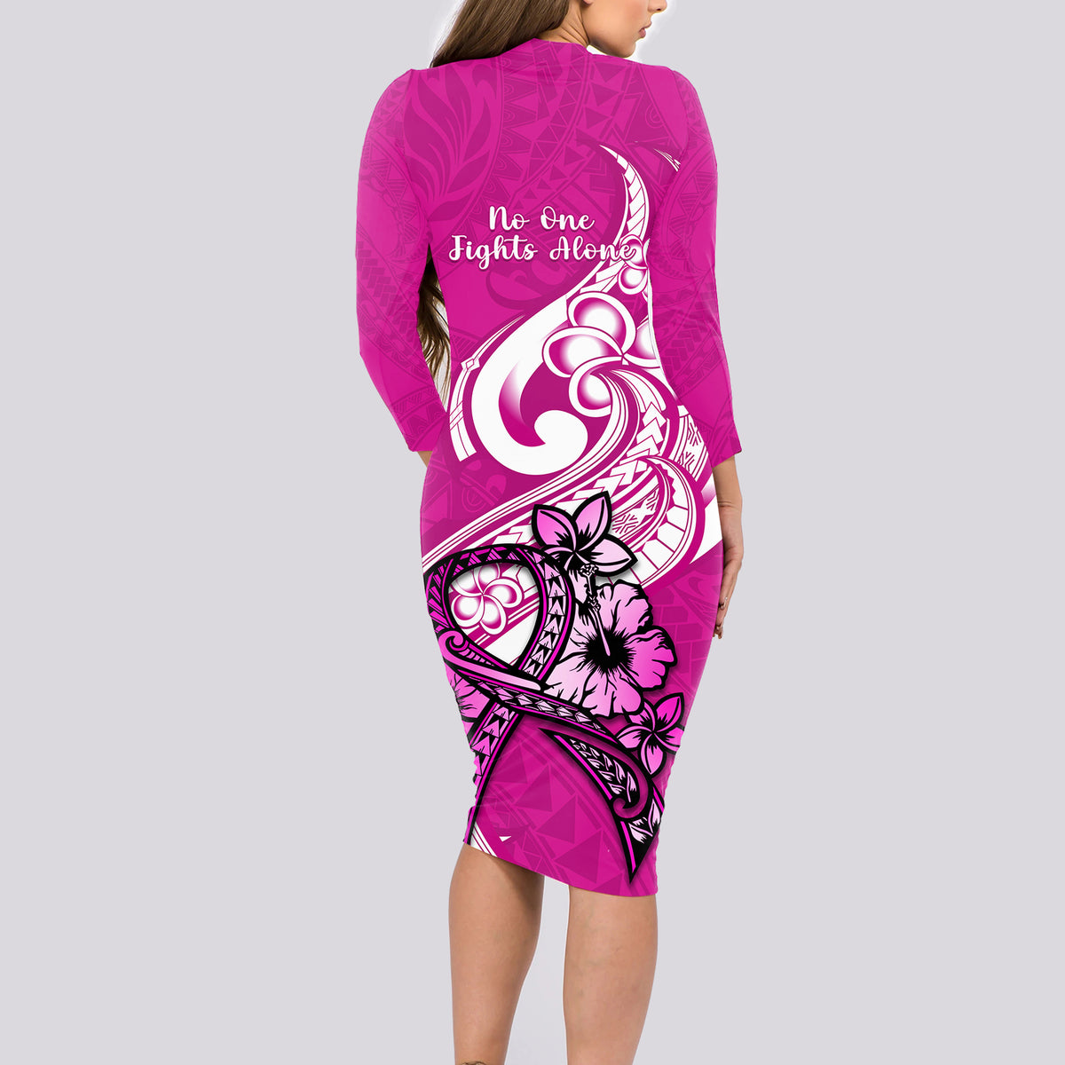 Polynesia Breast Cancer Awareness Long Sleeve Bodycon Dress Think Pink Polynesian Ribbon White Version LT14 - Polynesian Pride