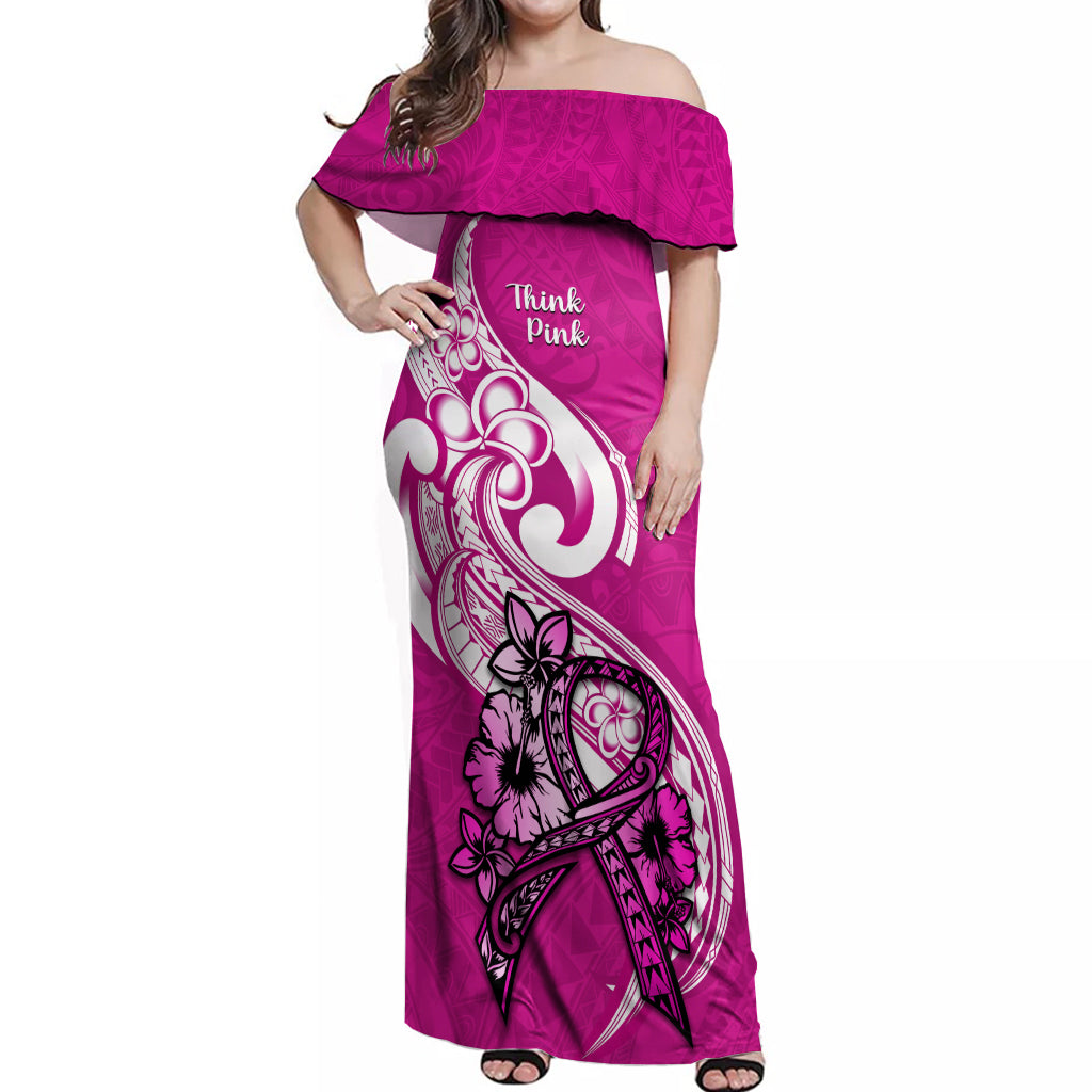 Polynesia Breast Cancer Awareness Off Shoulder Maxi Dress Think Pink Polynesian Ribbon White Version LT14 Women Pink - Polynesian Pride