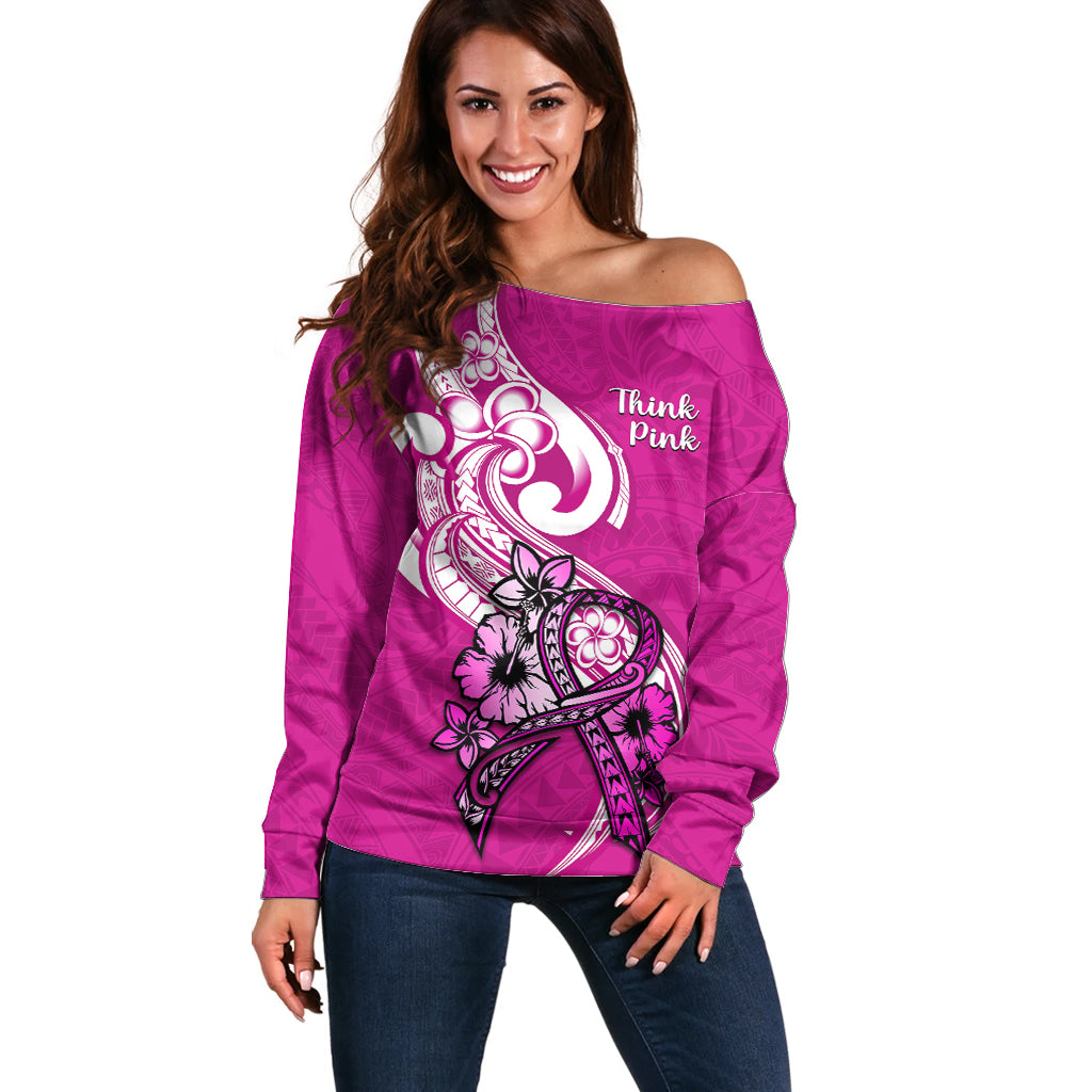 Polynesia Breast Cancer Awareness Off Shoulder Sweater Think Pink Polynesian Ribbon White Version LT14 Women Pink - Polynesian Pride
