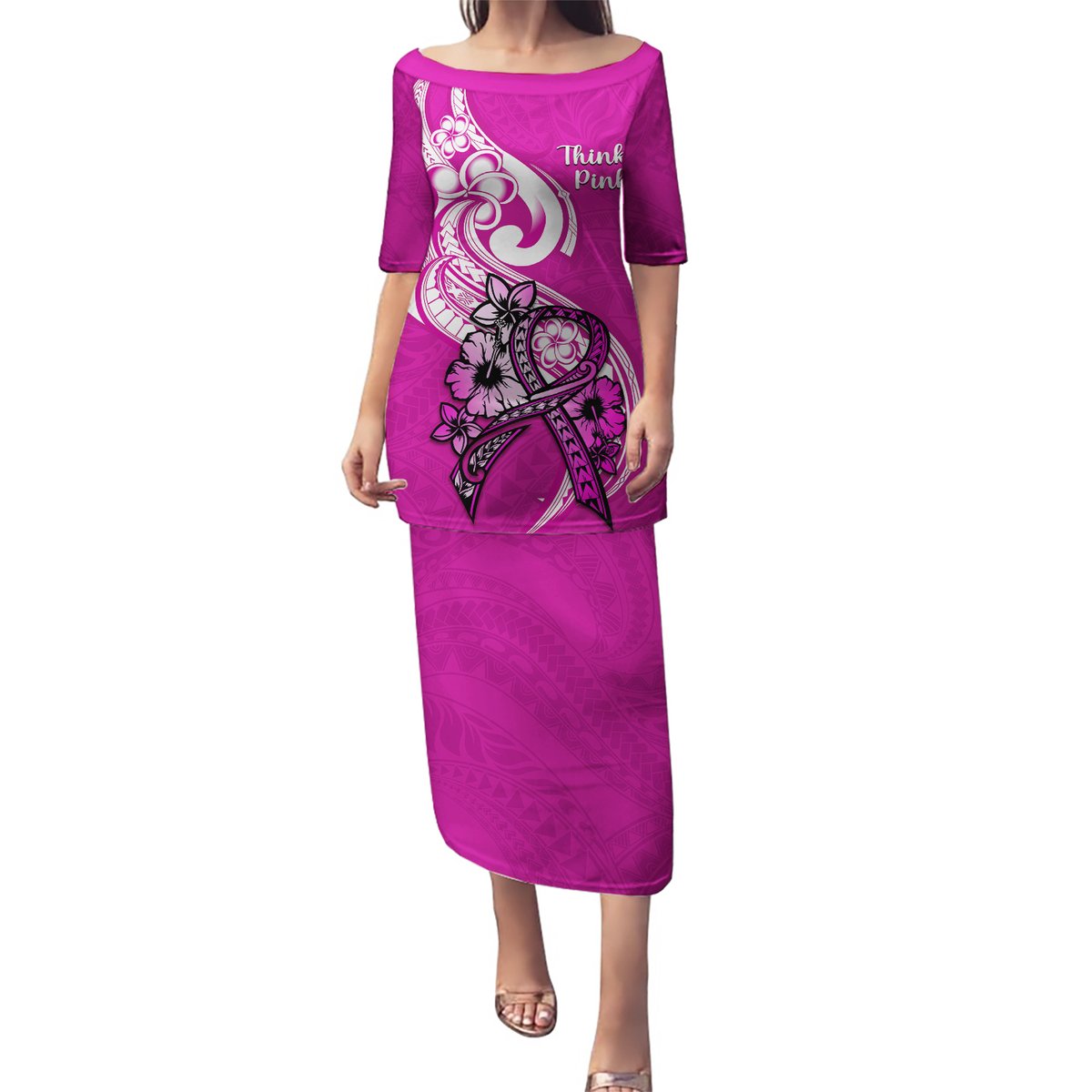 Polynesia Breast Cancer Awareness Puletasi Think Pink Polynesian Ribbon White Version LT14 Long Dress Pink - Polynesian Pride