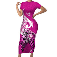 Polynesia Breast Cancer Awareness Short Sleeve Bodycon Dress Think Pink Polynesian Ribbon White Version LT14 Long Dress Pink - Polynesian Pride
