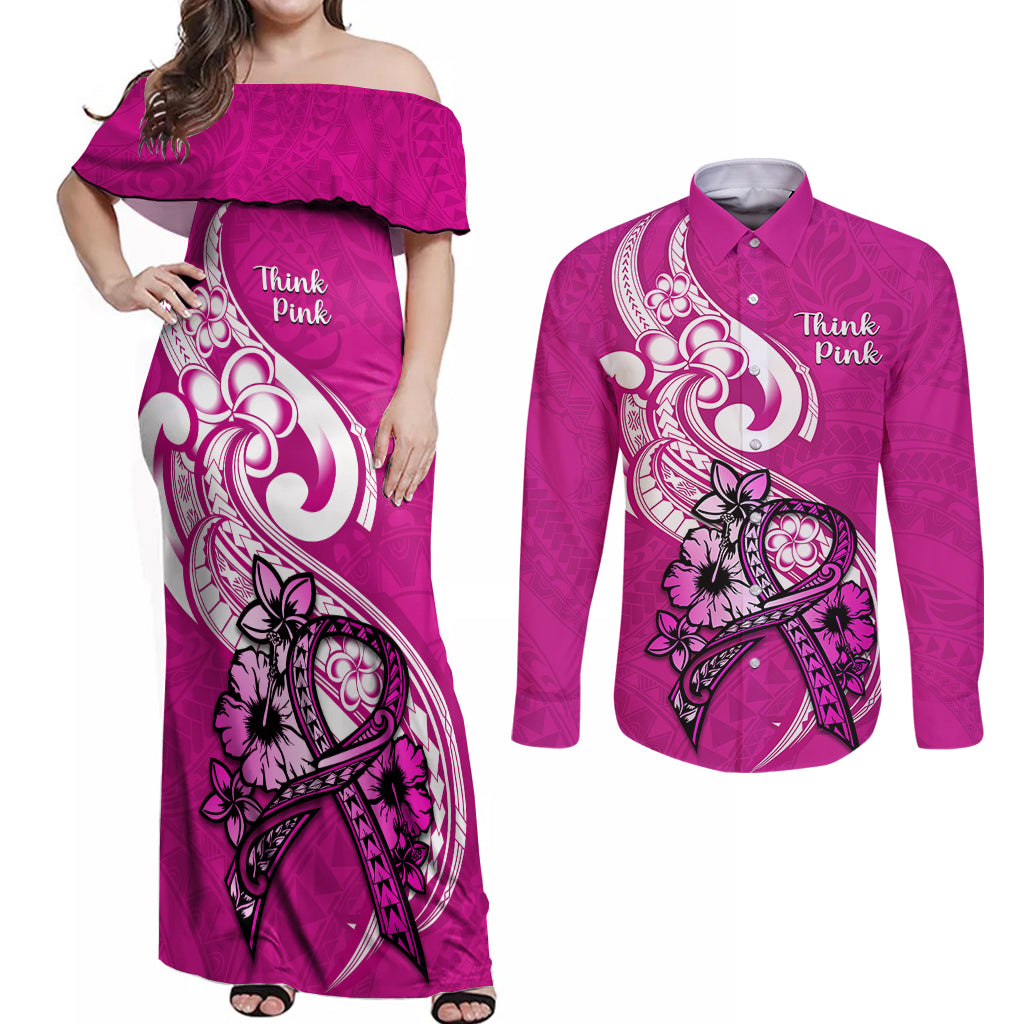 personalised-polynesia-breast-cancer-awareness-couples-matching-off-shoulder-maxi-dress-and-long-sleeve-button-shirts-think-pink-polynesian-ribbon-white-version