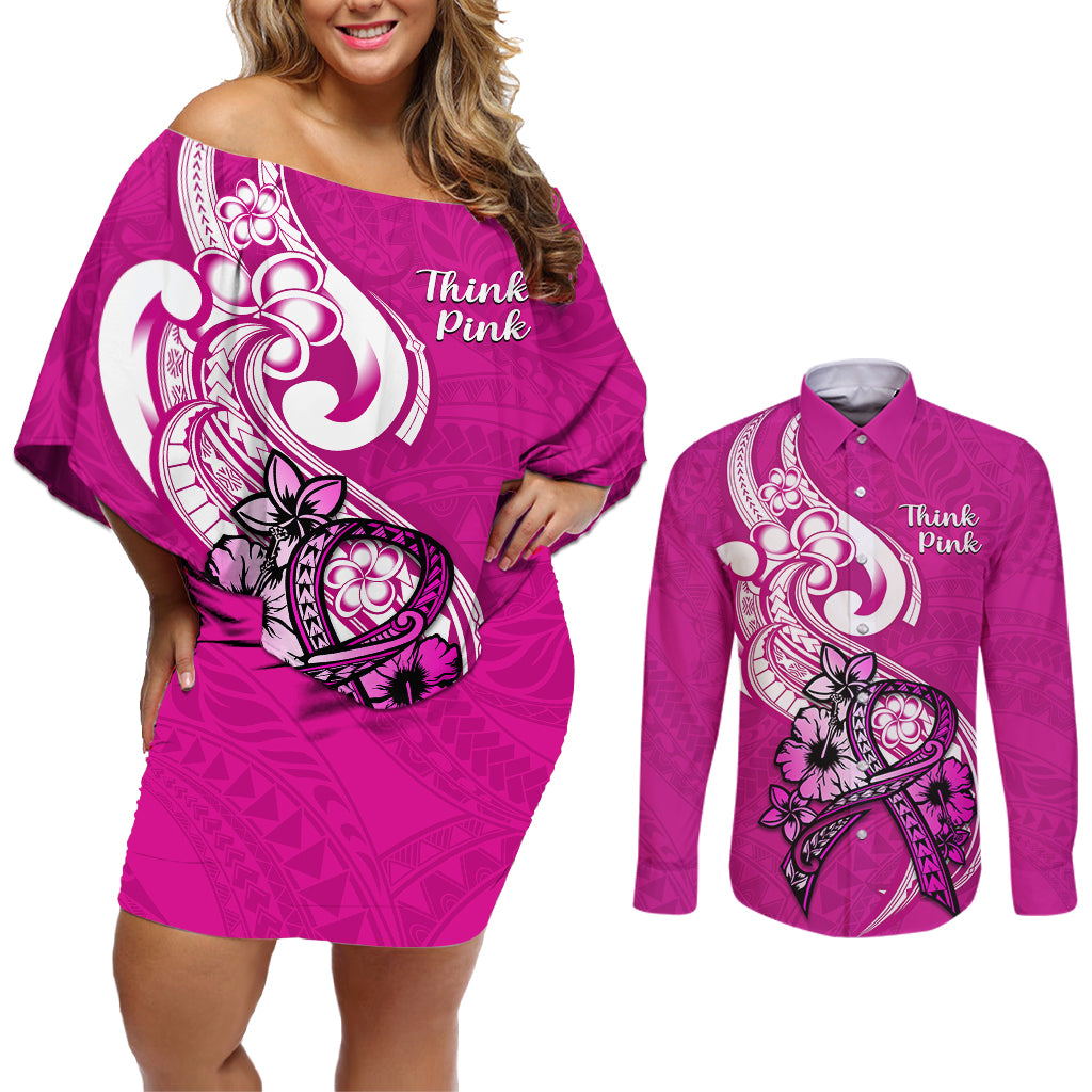 personalised-polynesia-breast-cancer-awareness-couples-matching-off-shoulder-short-dress-and-long-sleeve-button-shirts-think-pink-polynesian-ribbon-white-version