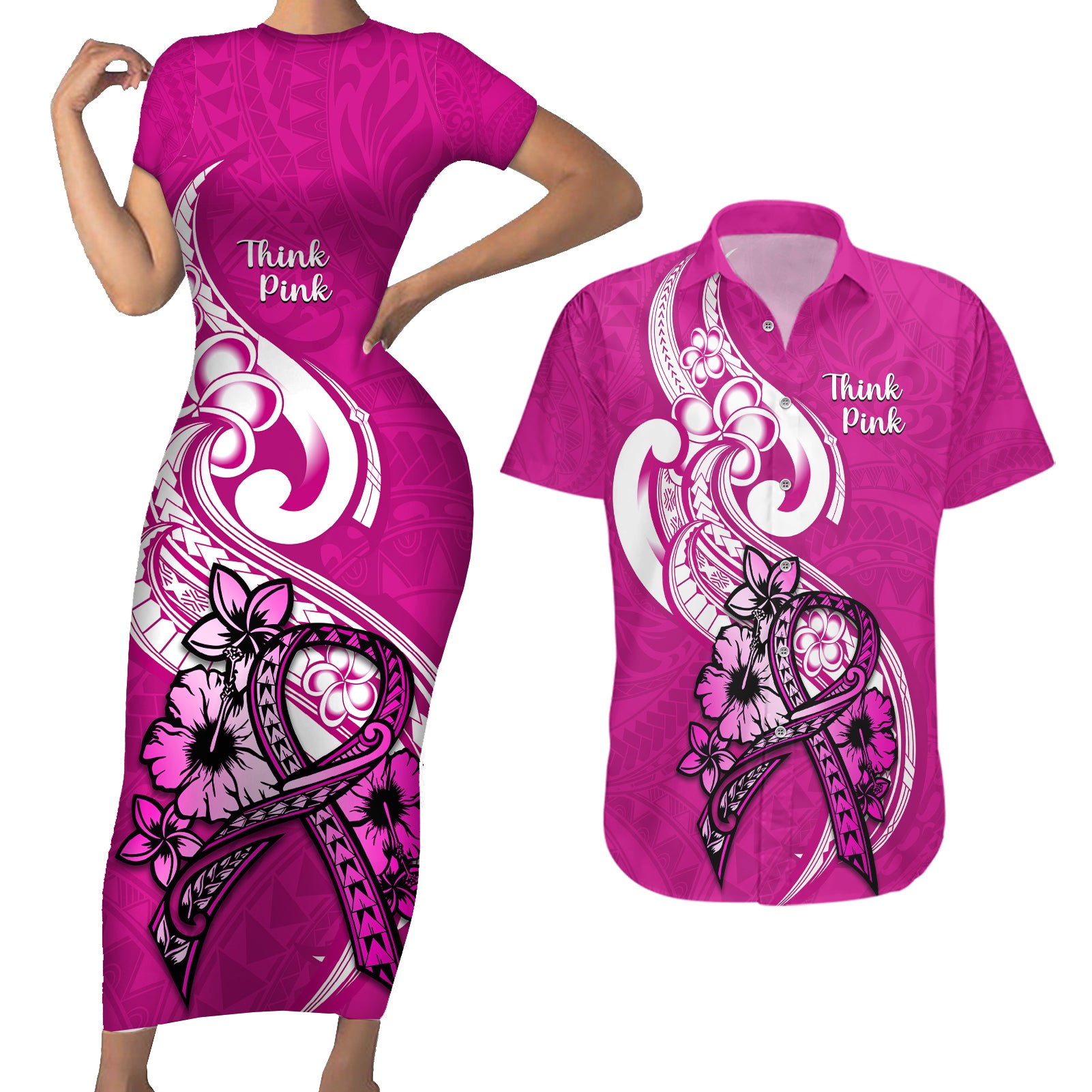 personalised-polynesia-breast-cancer-awareness-couples-matching-short-sleeve-bodycon-dress-and-hawaiian-shirt-think-pink-polynesian-ribbon-white-version