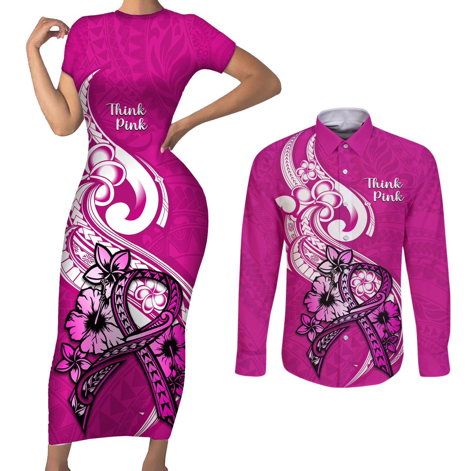 personalised-polynesia-breast-cancer-awareness-couples-matching-short-sleeve-bodycon-dress-and-long-sleeve-button-shirts-think-pink-polynesian-ribbon-white-version