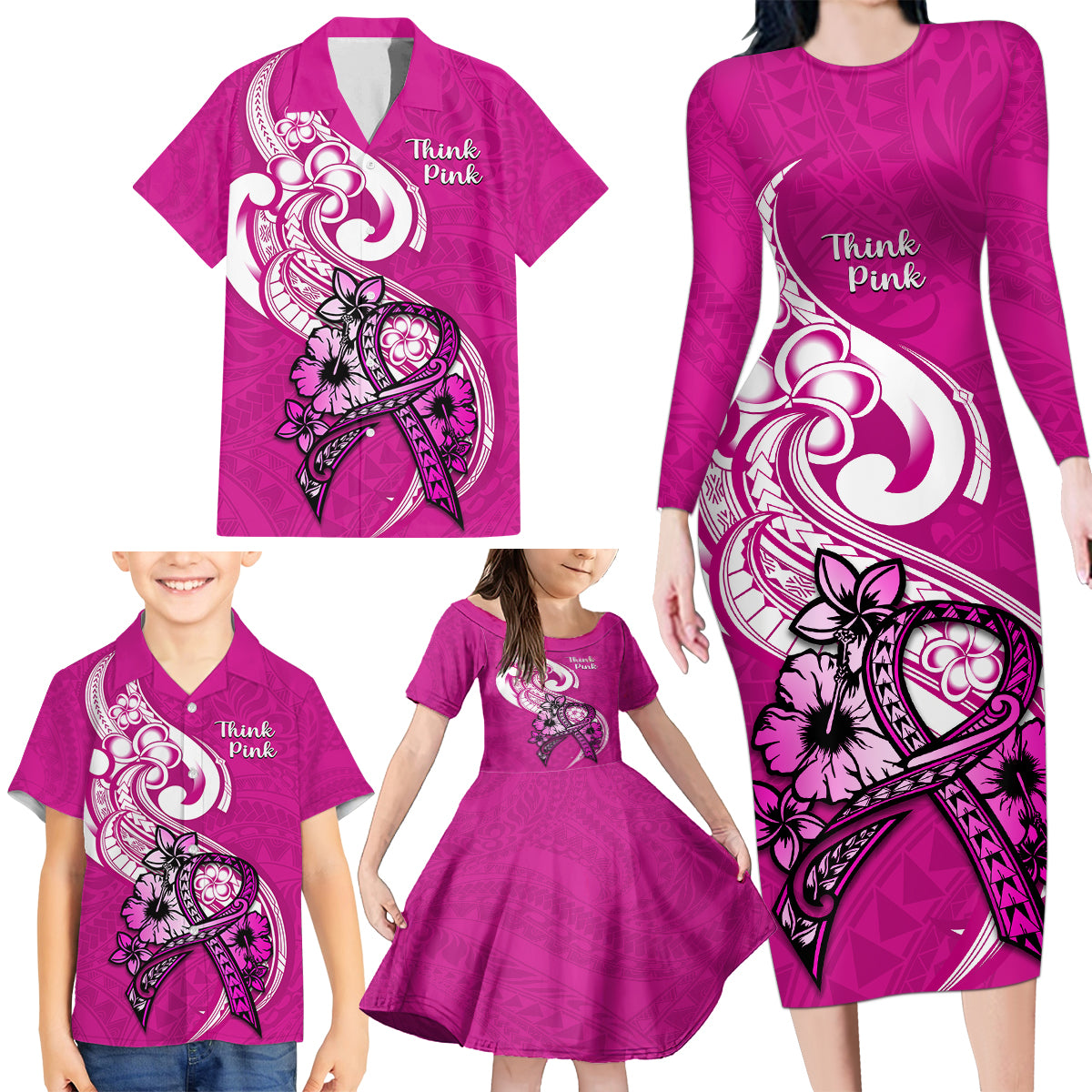 personalised-polynesia-breast-cancer-awareness-family-matching-long-sleeve-bodycon-dress-and-hawaiian-shirt-think-pink-polynesian-ribbon-white-version