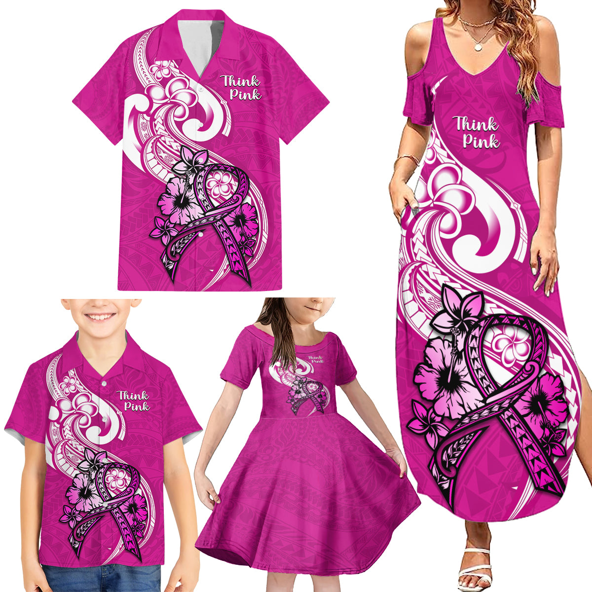 personalised-polynesia-breast-cancer-awareness-family-matching-summer-maxi-dress-and-hawaiian-shirt-think-pink-polynesian-ribbon-white-version