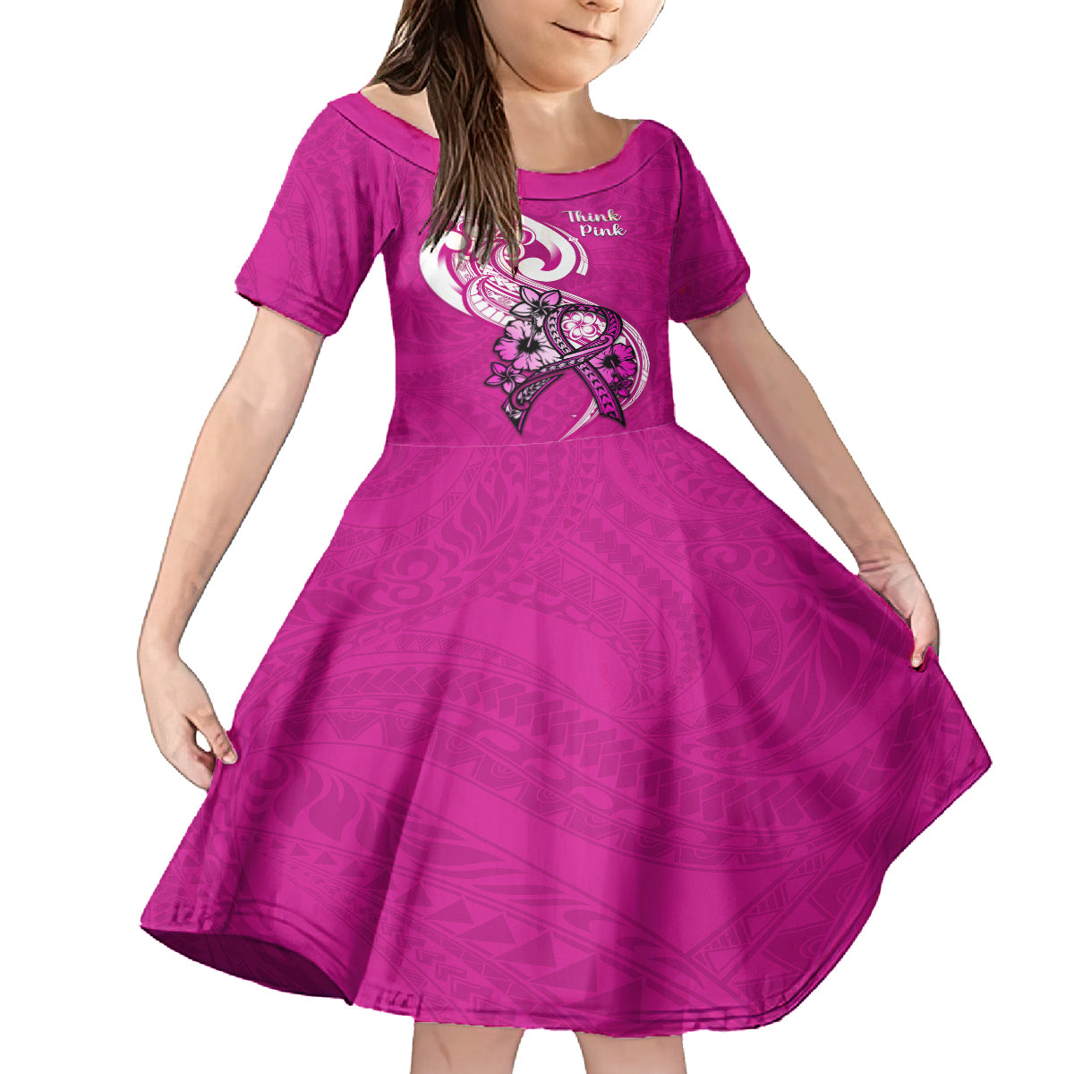 Personalised Polynesia Breast Cancer Awareness Kid Short Sleeve Dress Think Pink Polynesian Ribbon White Version LT14 KID Pink - Polynesian Pride