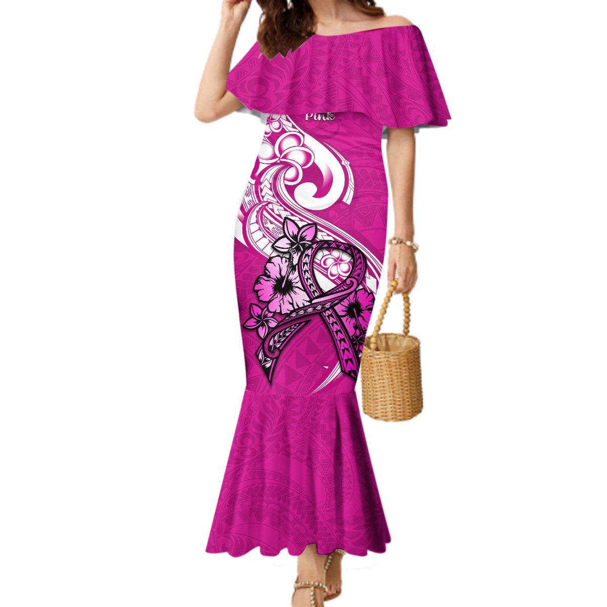 Personalised Polynesia Breast Cancer Awareness Mermaid Dress Think Pink Polynesian Ribbon White Version LT14 Women Pink - Polynesian Pride