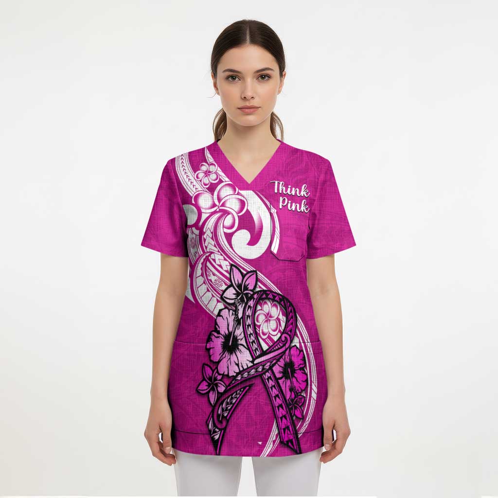 Personalised Polynesia Breast Cancer Awareness Scrub Top Think Pink Polynesian Ribbon White Version LT14 - Polynesian Pride