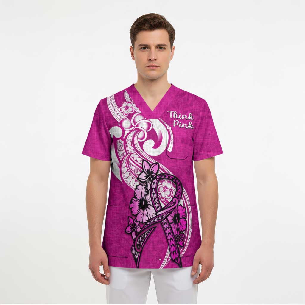 Personalised Polynesia Breast Cancer Awareness Scrub Top Think Pink Polynesian Ribbon White Version LT14 - Polynesian Pride