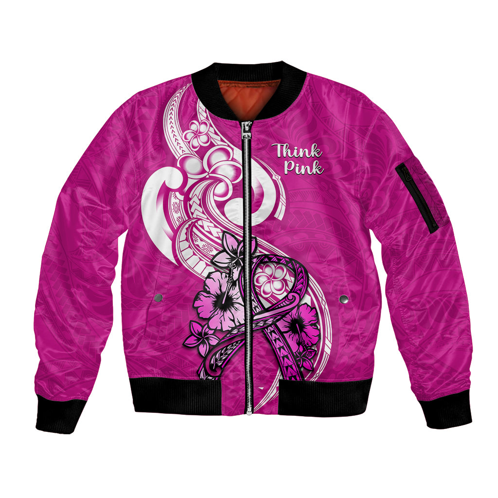 Personalised Polynesia Breast Cancer Awareness Sleeve Zip Bomber Jacket Think Pink Polynesian Ribbon White Version LT14 Unisex Pink - Polynesian Pride