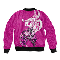 Personalised Polynesia Breast Cancer Awareness Sleeve Zip Bomber Jacket Think Pink Polynesian Ribbon White Version LT14 - Polynesian Pride