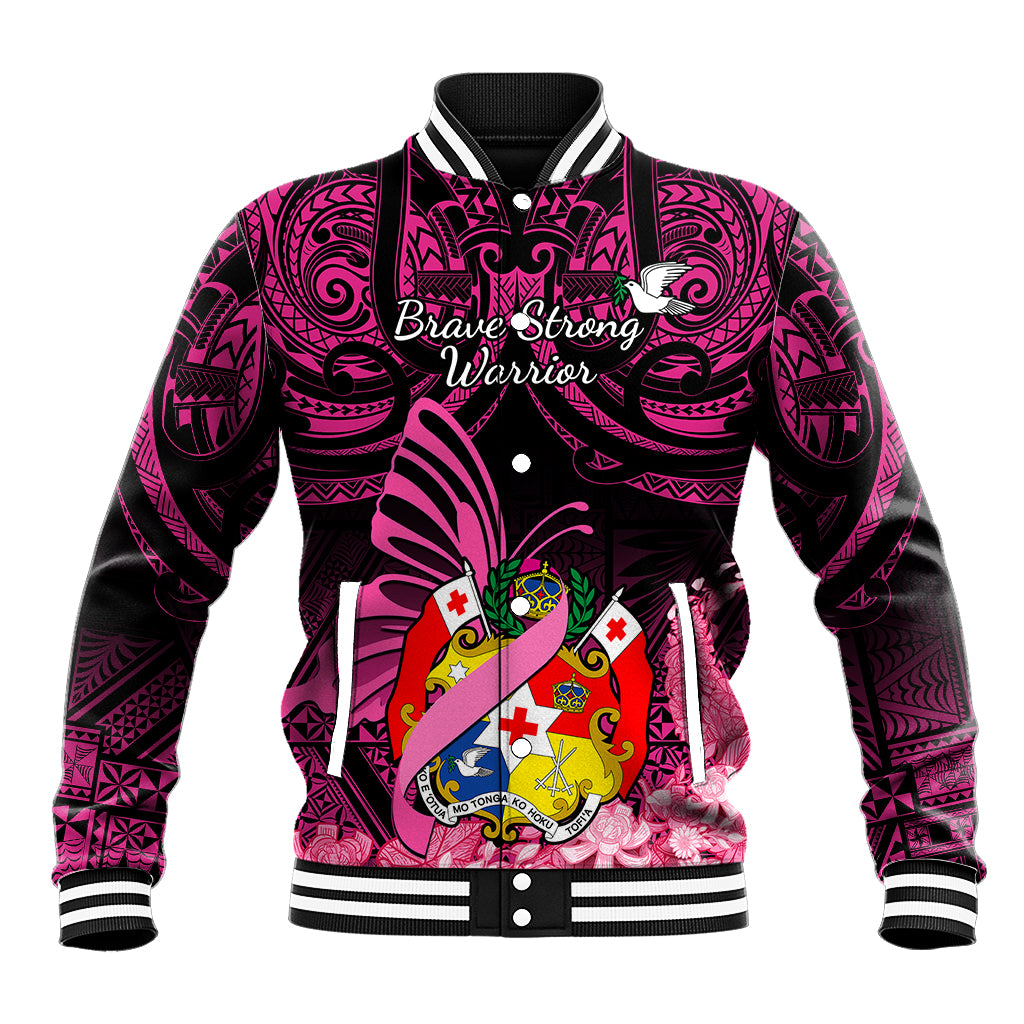 Presonalised Tonga Breast Cancer Awareness Baseball Jacket Pink Ribbon Brave Strong Warrior Tongan Ngatu Pattern LT14 Unisex Pink - Polynesian Pride