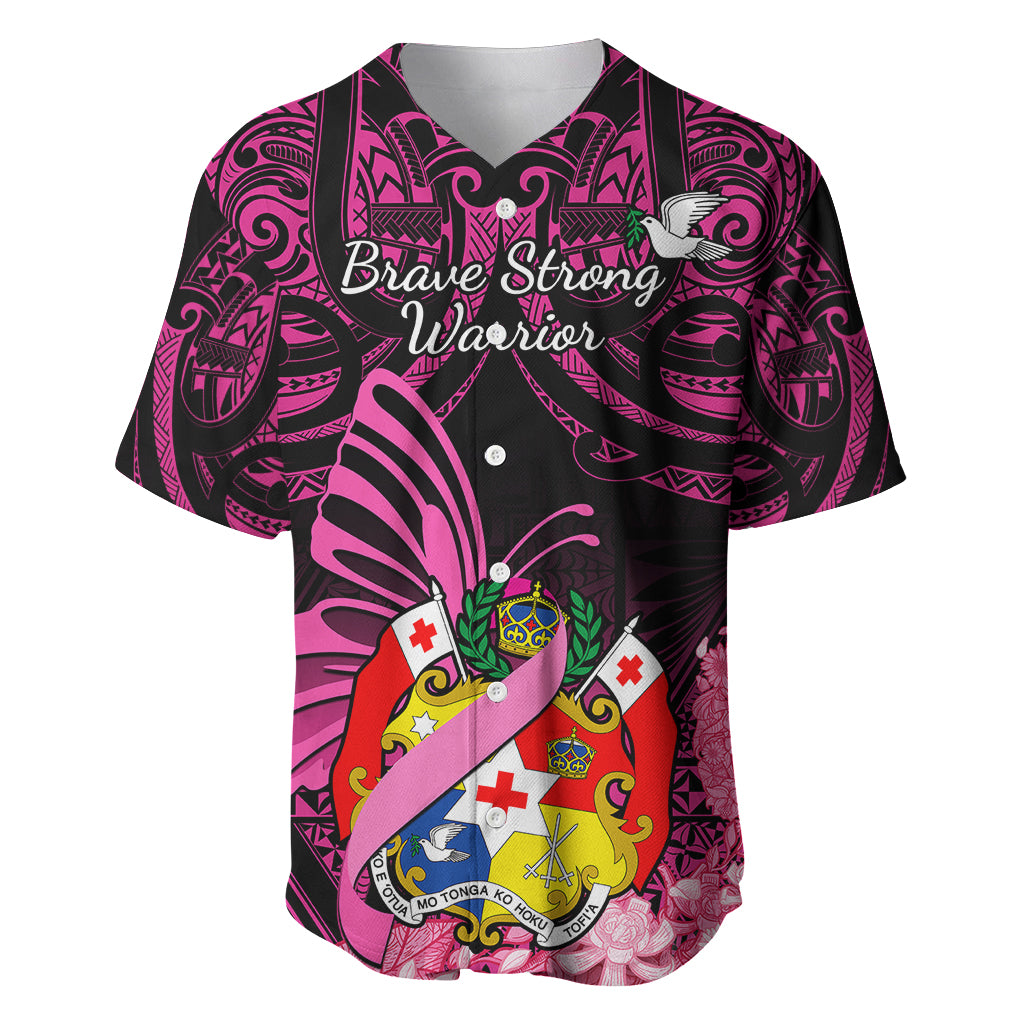 Presonalised Tonga Breast Cancer Awareness Baseball Jersey Pink Ribbon Brave Strong Warrior Tongan Ngatu Pattern LT14 Pink - Polynesian Pride