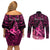 presonalised-tonga-breast-cancer-awareness-couples-matching-off-shoulder-short-dress-and-long-sleeve-button-shirts-pink-ribbon-brave-strong-warrior-tongan-ngatu-pattern