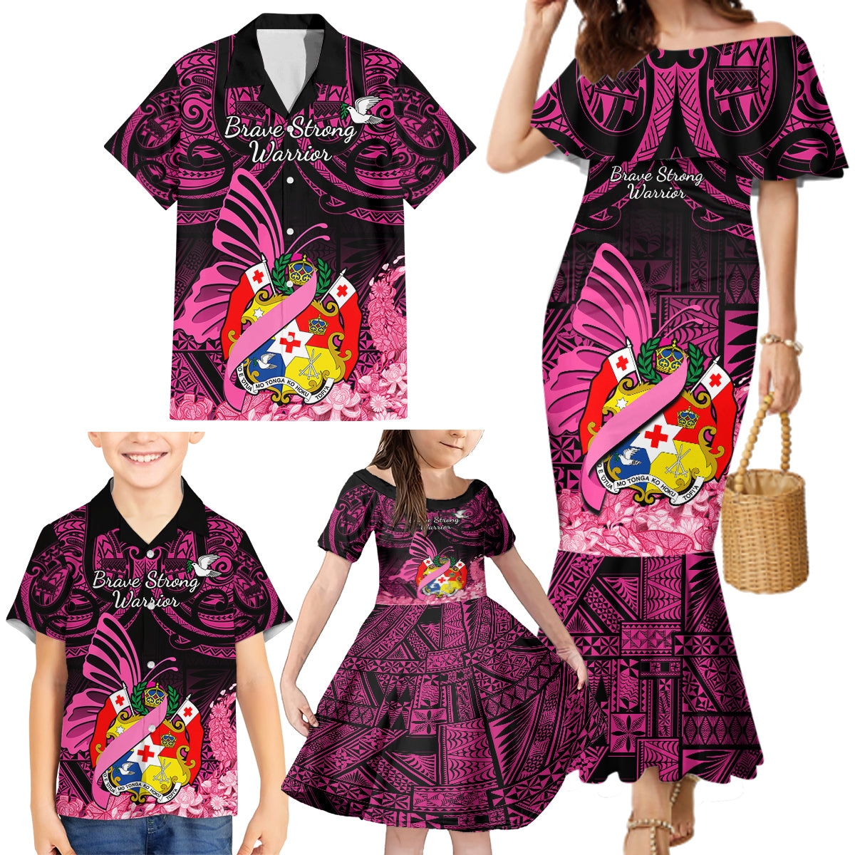 Presonalised Tonga Breast Cancer Awareness Family Matching Mermaid Dress and Hawaiian Shirt Pink Ribbon Brave Strong Warrior Tongan Ngatu Pattern LT14 - Polynesian Pride