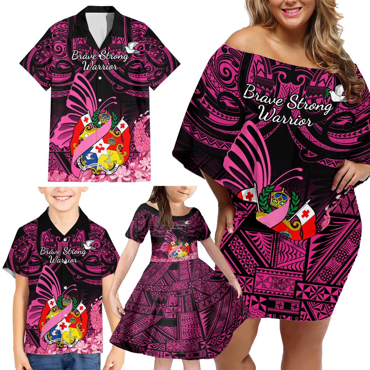 Presonalised Tonga Breast Cancer Awareness Family Matching Off Shoulder Short Dress and Hawaiian Shirt Pink Ribbon Brave Strong Warrior Tongan Ngatu Pattern LT14 - Polynesian Pride