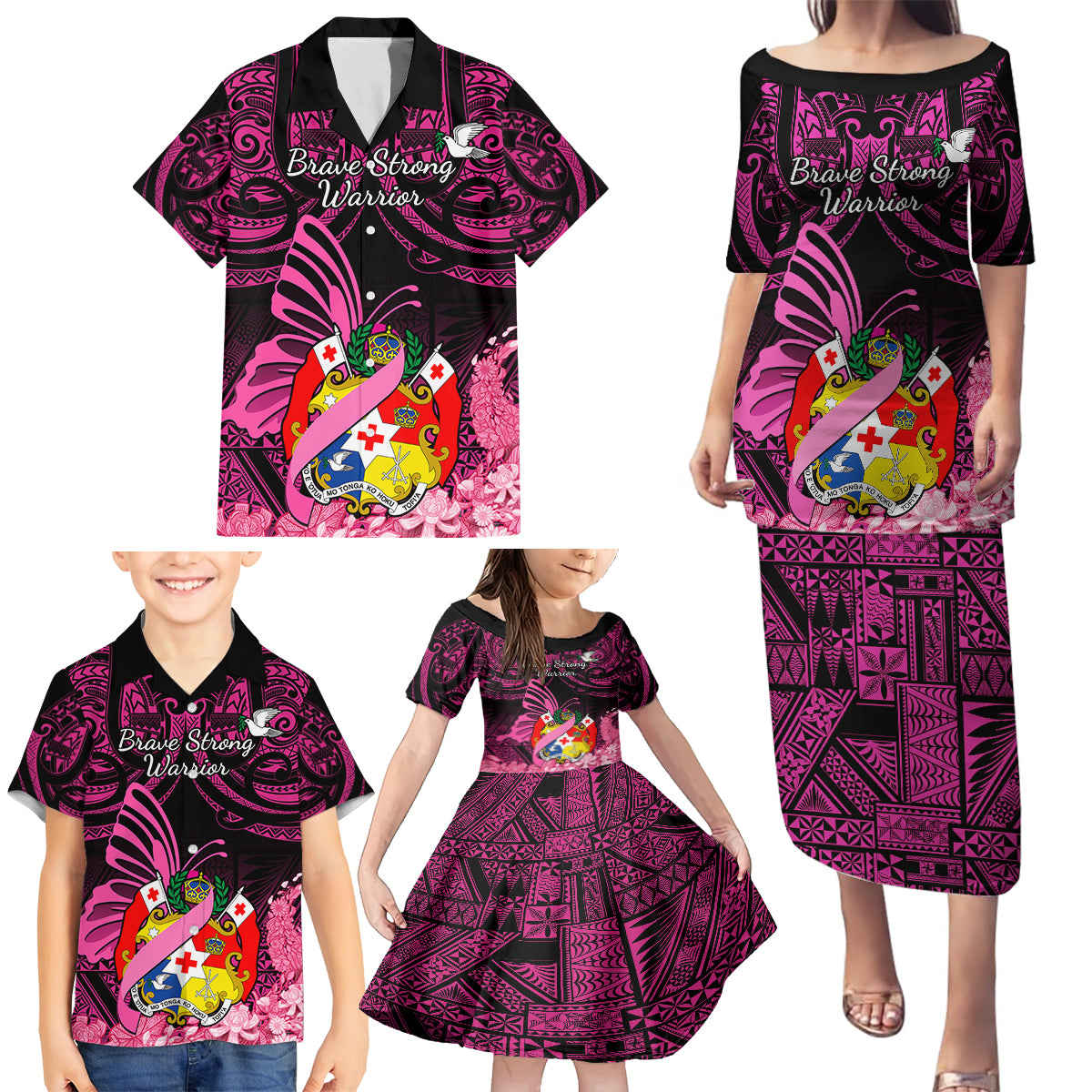 Presonalised Tonga Breast Cancer Awareness Family Matching Puletasi Dress and Hawaiian Shirt Pink Ribbon Brave Strong Warrior Tongan Ngatu Pattern LT14 - Polynesian Pride