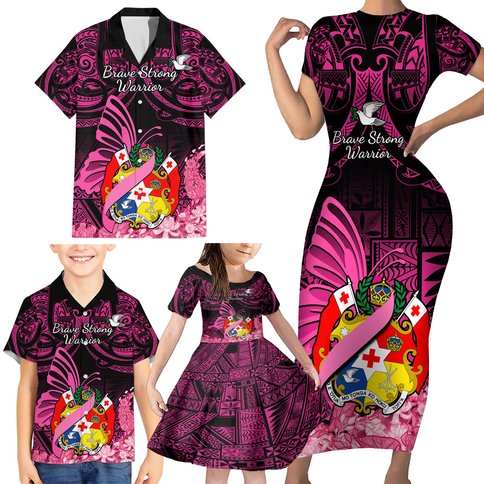 Presonalised Tonga Breast Cancer Awareness Family Matching Short Sleeve Bodycon Dress and Hawaiian Shirt Pink Ribbon Brave Strong Warrior Tongan Ngatu Pattern LT14 - Polynesian Pride