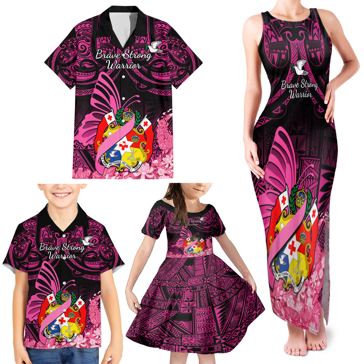 Presonalised Tonga Breast Cancer Awareness Family Matching Tank Maxi Dress and Hawaiian Shirt Pink Ribbon Brave Strong Warrior Tongan Ngatu Pattern LT14 - Polynesian Pride