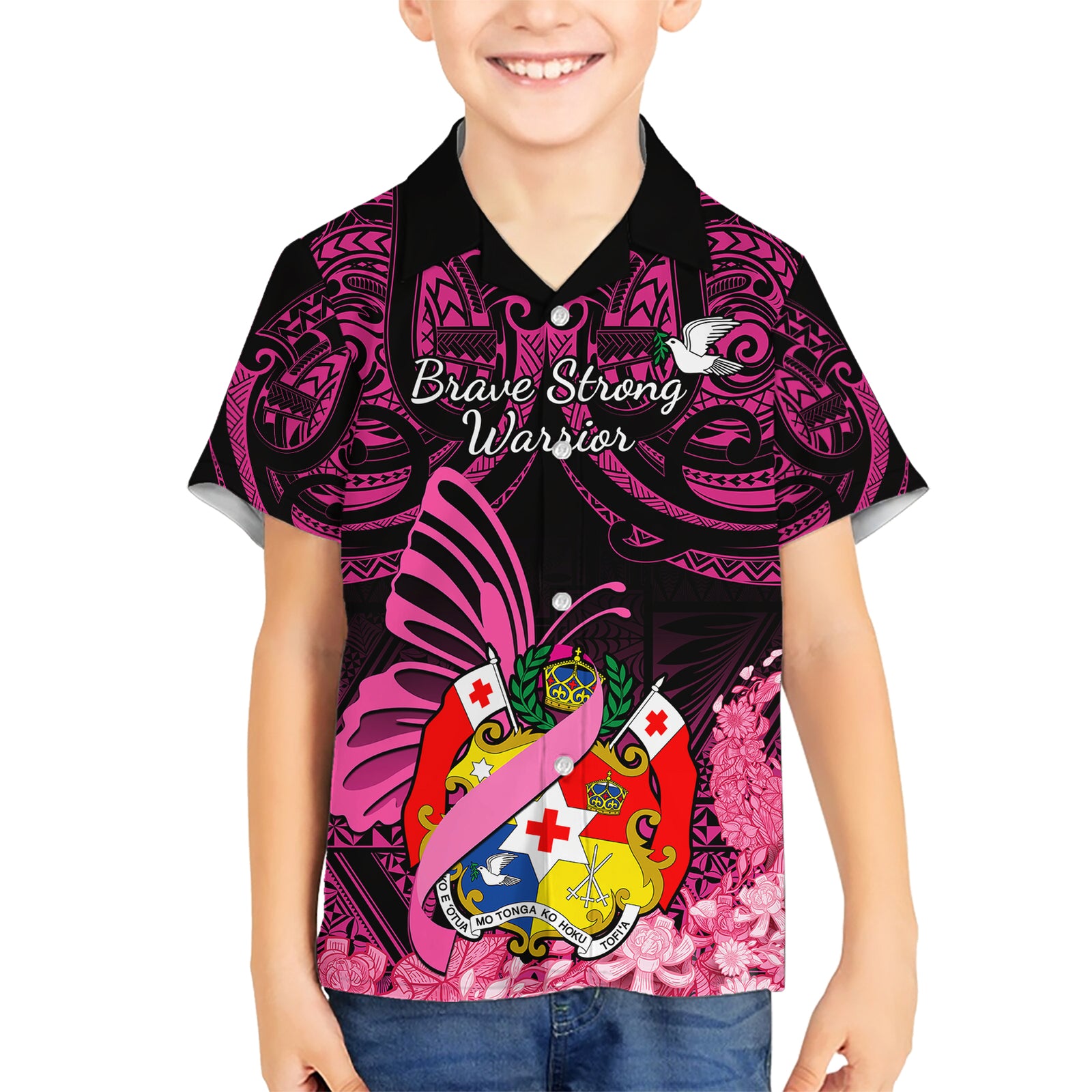 Presonalised Tonga Breast Cancer Awareness Kid Hawaiian Shirt Pink Ribbon Brave Strong Warrior Tongan Ngatu Pattern LT14 Kid Pink - Polynesian Pride