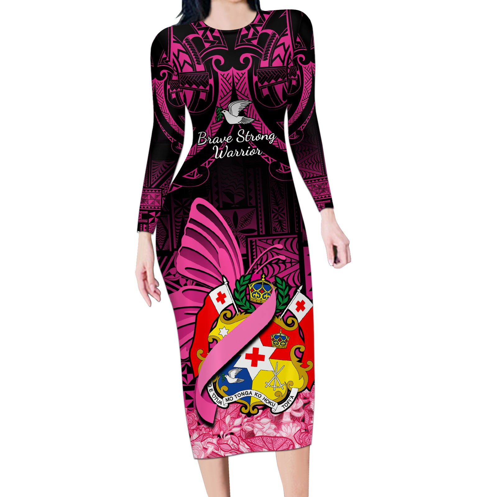 Presonalised Tonga Breast Cancer Awareness Long Sleeve Bodycon Dress Pink Ribbon Brave Strong Warrior Tongan Ngatu Pattern LT14 Long Dress Pink - Polynesian Pride