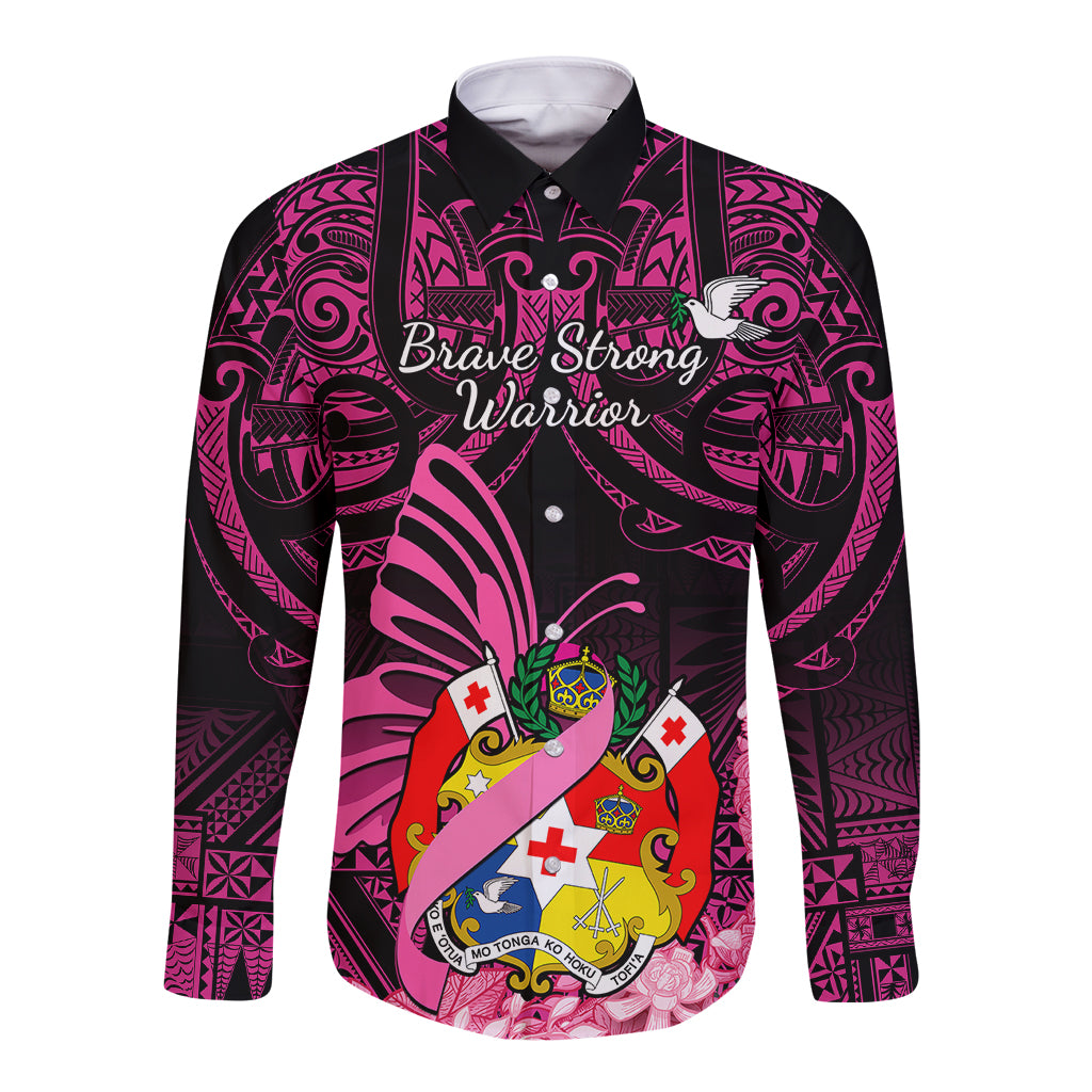 Presonalised Tonga Breast Cancer Awareness Long Sleeve Button Shirt Pink Ribbon Brave Strong Warrior Tongan Ngatu Pattern LT14 Unisex Pink - Polynesian Pride