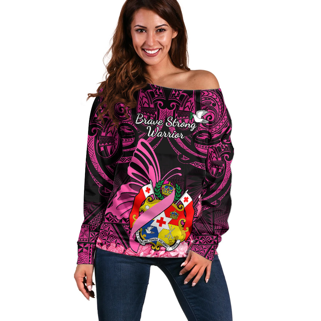 Presonalised Tonga Breast Cancer Awareness Off Shoulder Sweater Pink Ribbon Brave Strong Warrior Tongan Ngatu Pattern LT14 Women Pink - Polynesian Pride