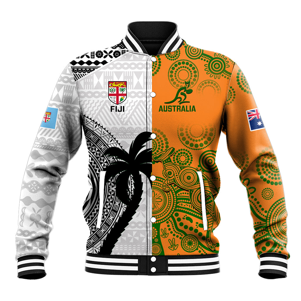 Fiji And Australia Rugby Baseball Jacket 2023 World Cup Aboriginal Mix Tapa Pattern LT14 Unisex Gold - Polynesian Pride