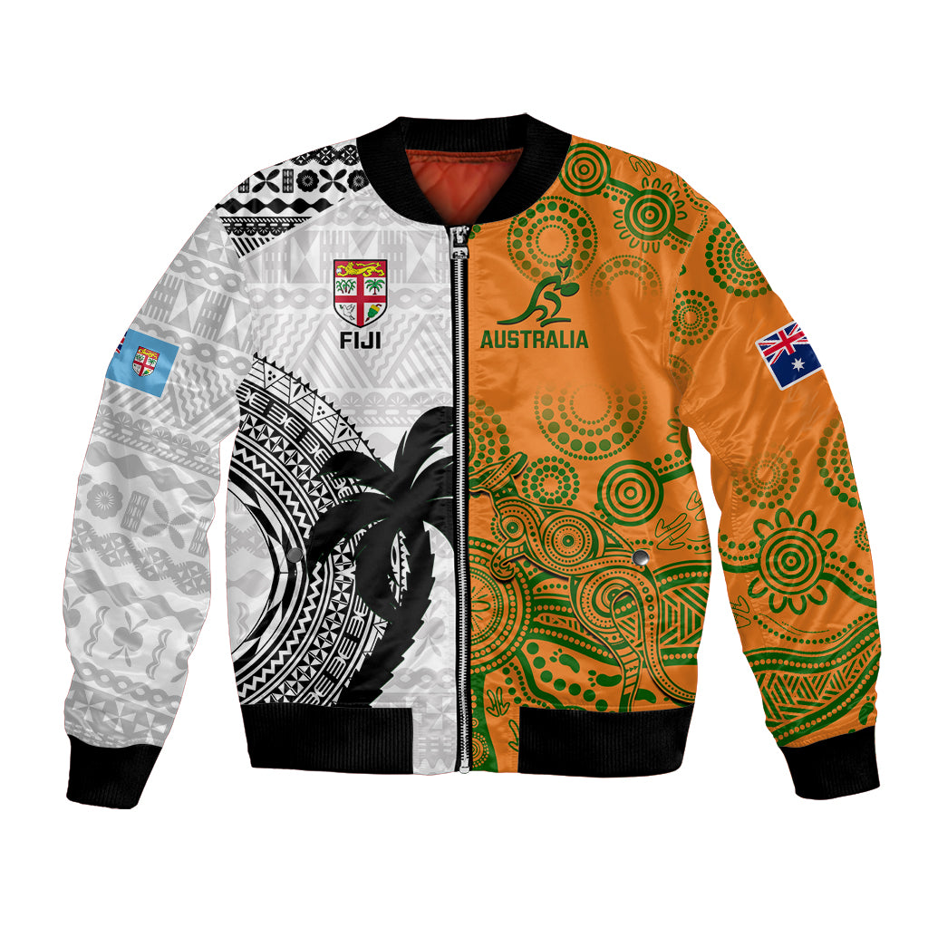 Fiji And Australia Rugby Bomber Jacket 2023 World Cup Aboriginal Mix Tapa Pattern LT14 Unisex Gold - Polynesian Pride