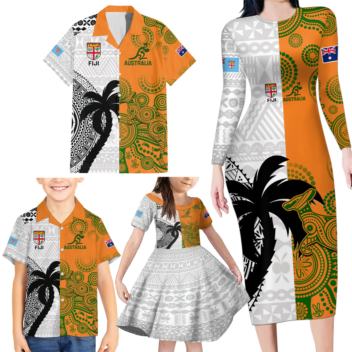 fiji-and-australia-rugby-family-matching-long-sleeve-bodycon-dress-and-hawaiian-shirt-2023-world-cup-aboriginal-mix-tapa-pattern