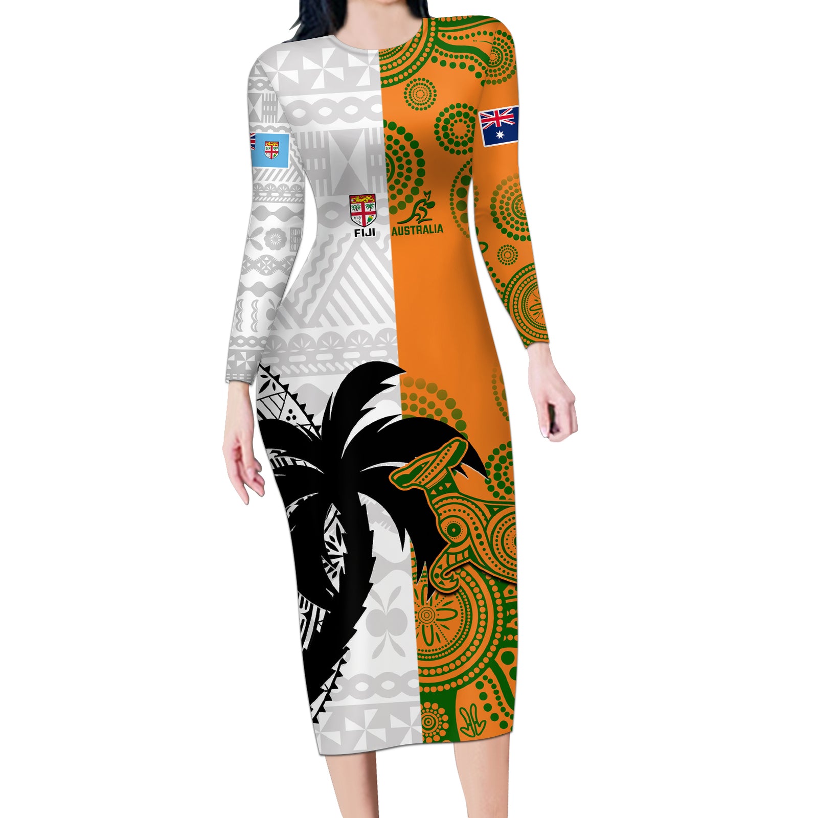 Fiji And Australia Rugby Long Sleeve Bodycon Dress 2023 World Cup Aboriginal Mix Tapa Pattern LT14 Long Dress Gold - Polynesian Pride