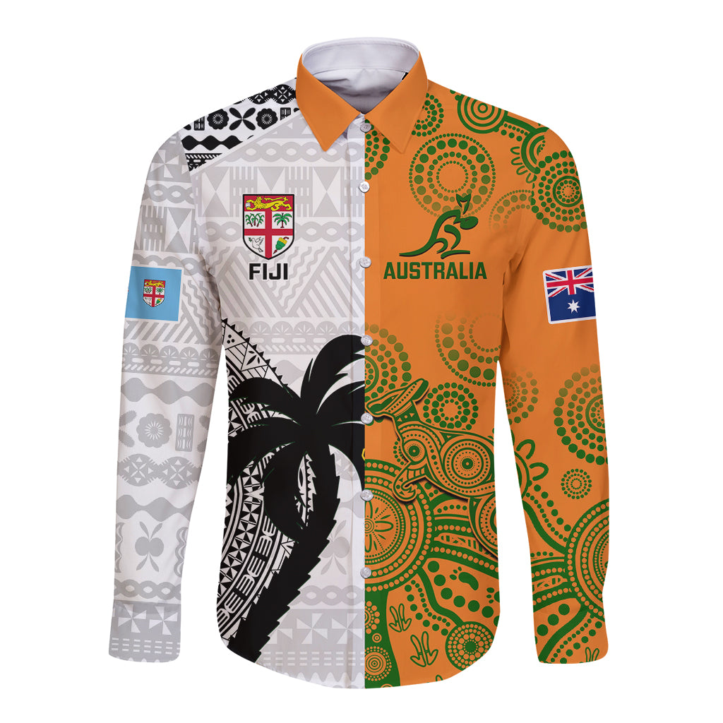 Fiji And Australia Rugby Long Sleeve Button Shirt 2023 World Cup Aboriginal Mix Tapa Pattern LT14 Unisex Gold - Polynesian Pride