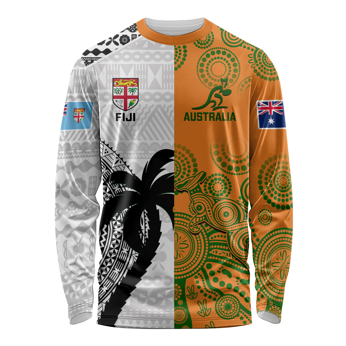 Fiji And Australia Rugby Long Sleeve Shirt 2023 World Cup Aboriginal Mix Tapa Pattern LT14 Unisex Gold - Polynesian Pride