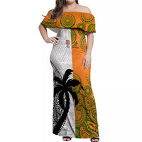 Fiji And Australia Rugby Off Shoulder Maxi Dress 2023 World Cup Aboriginal Mix Tapa Pattern LT14 Women Gold - Polynesian Pride