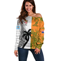 Fiji And Australia Rugby Off Shoulder Sweater 2023 World Cup Aboriginal Mix Tapa Pattern LT14 Women Gold - Polynesian Pride