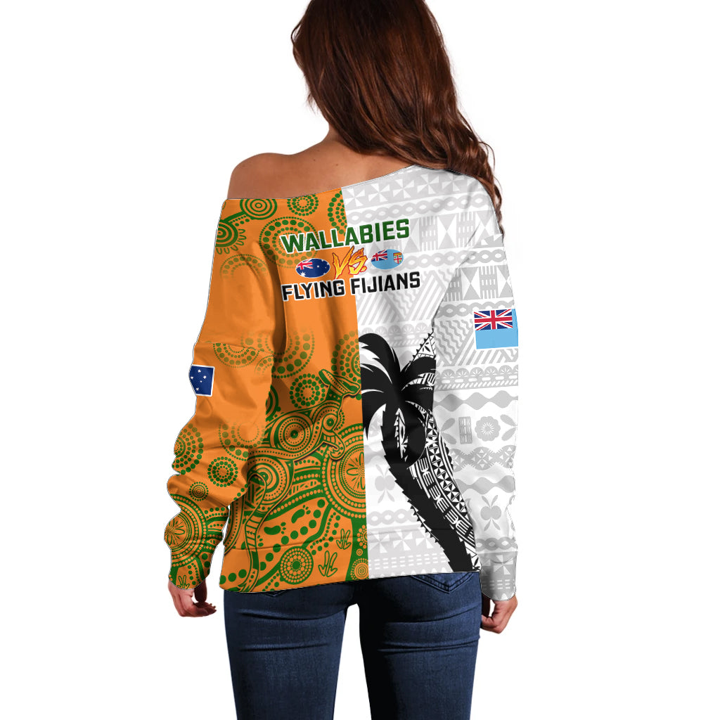 Fiji And Australia Rugby Off Shoulder Sweater 2023 World Cup Aboriginal Mix Tapa Pattern LT14 - Polynesian Pride