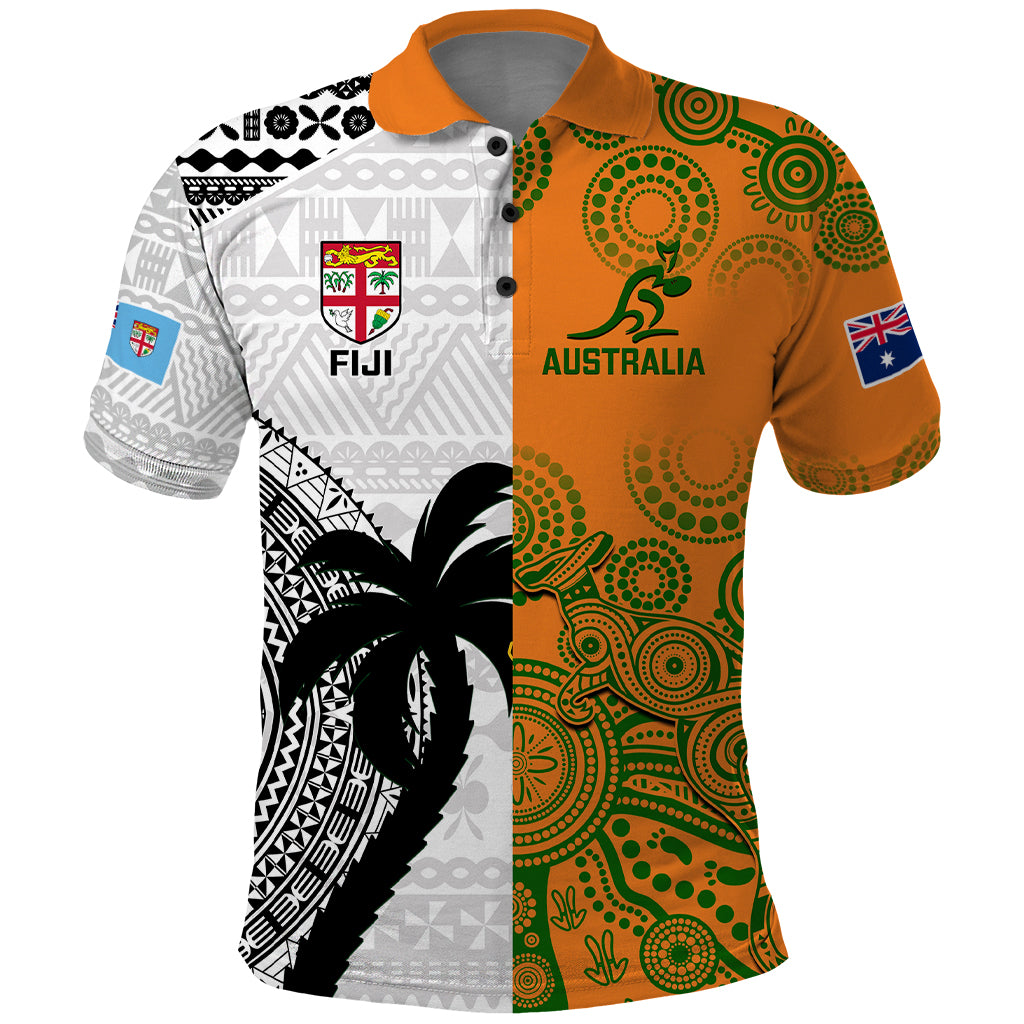 Fiji and Australia Rugby Polo Shirt - 2023 World Cup Aboriginal Mix Tapa Pattern LT14 Gold - Polynesian Pride